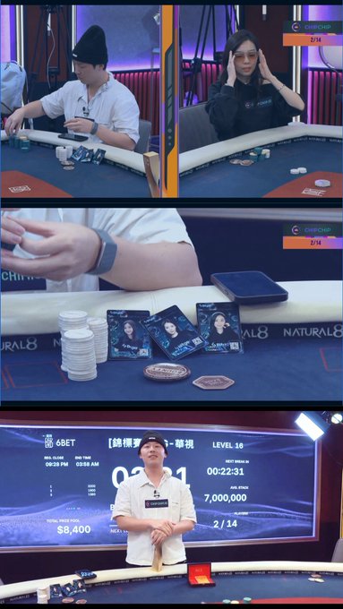 The image shows a three-panel broadcast from the CoinPoker "GG Poker" tournament (Level 16), featuring players at the table with chip stacks and an overlay showing a prize pool of $8,400 and a leaderboard time of 00:22:31, alongside tournament graphics. The accompanying post congratulates the top three finishers ("@gokunocool," "@yuubuke_tw," and "@SaBiBro666") of this Chinese-language poker livestream event, which was sponsored by Bitget and featured remote participants including those supported by "@Rav_Hedda," "@yi_0411," and "@m30_MEXC."