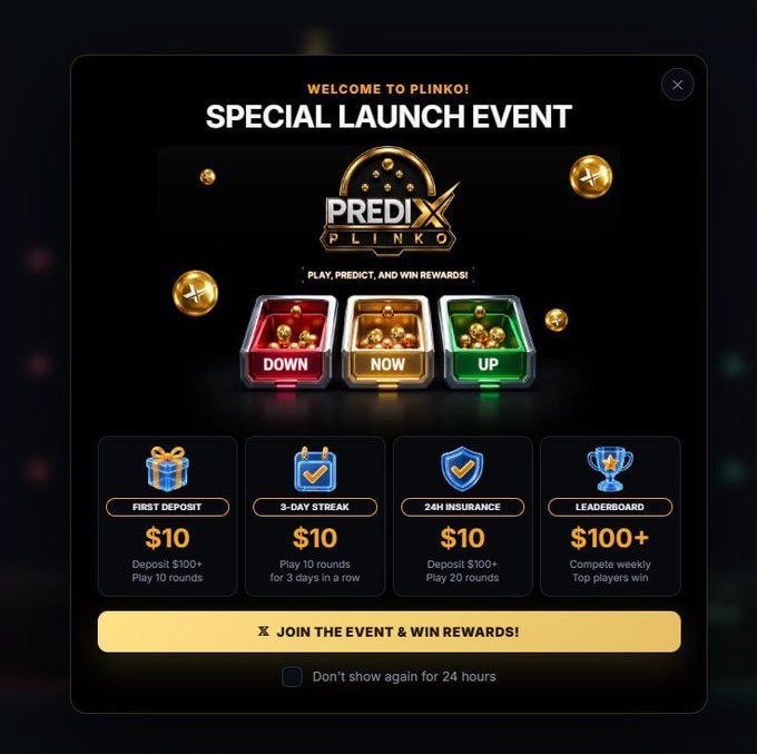 A promotional graphic for 'PREDIX PLINKO' displaying a 'SPECIAL LAUNCH EVENT' with rewards of $10 for first deposit, 3-day streak, and 24H insurance, plus $100+ for the leaderboard.