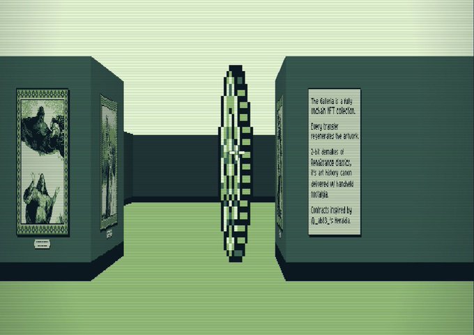A 3D rendered gallery exhibition space displaying framed artwork on green walls, including pieces labeled 'Wegner' and a descriptive placard reading 'The Gallery is a fully RASTER NFT collection...'.