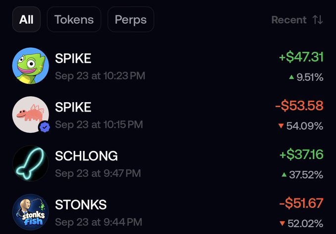 A dark-themed trading interface lists recent trades for meme tokens: SPIKE (+$47.31), SPIKE (-$53.58), SCHLONG (+$37.16), and STONKS (-$51.67).