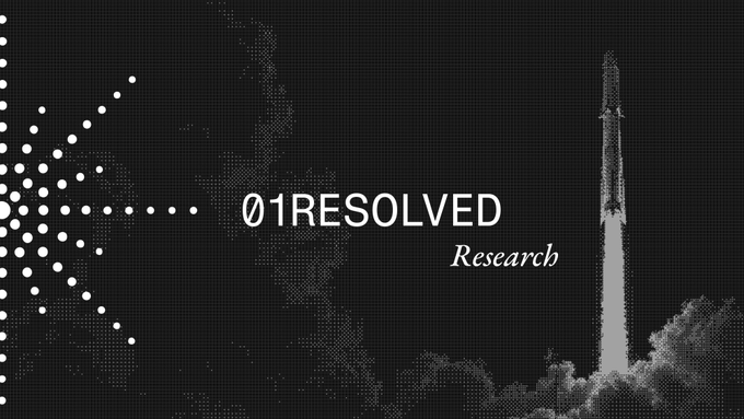 A black and white graphic displaying '01RESOLVED Research' with a rising rocket ship and a radiating dot pattern.