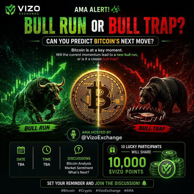A promotional graphic for 'Vizo Exchange' advertising an AMA titled 'Bull Run or Bull Trap?' asking participants to predict Bitcoin's next move, featuring bull and bear imagery with 10,000 Vizo points for 10 lucky participants.