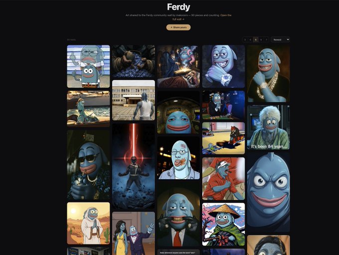 A NFT gallery page titled 'Ferdy' described as 'Art shared to the Ferdy community wall by realators – 90 pieces and counting. Open the full set,' displaying a grid of various character artwork pieces, many featuring a blue-skinned cartoon character in different scenarios.