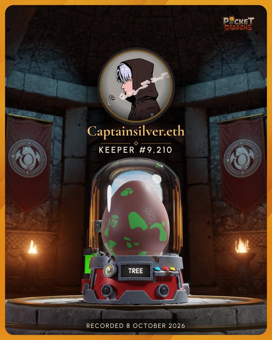 A 'Pocket Dragons' digital collectible card featuring 'Captainsilver.eth' as KEEPER #9,210, displaying a dragon egg labeled 'TREE' inside a glass dome on a stone pedestal.