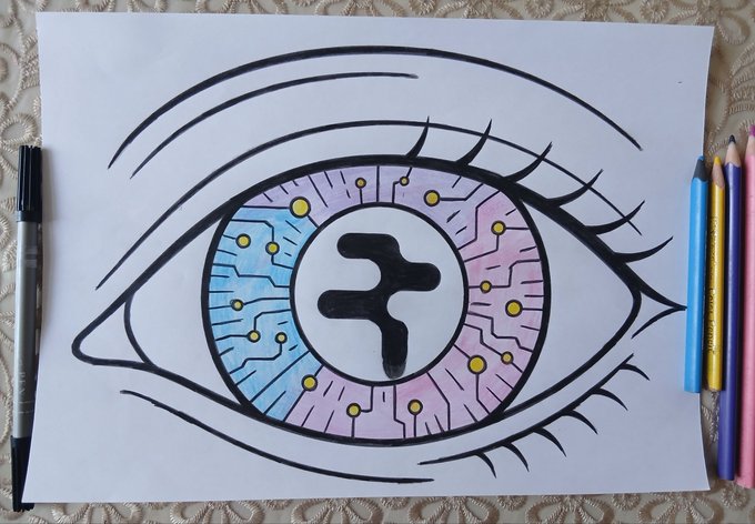 Hand-drawn artwork of a large eye with a circuit-board patterned iris in blue and pink, featuring a stylized symbol in the pupil, surrounded by colored pencils and a marker.