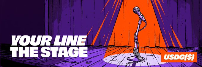 A promotional graphic with text 'YOUR LINE THE STAGE' and 'USDC($)' showing a microphone on a spotlighted stage with dramatic orange and purple lighting.