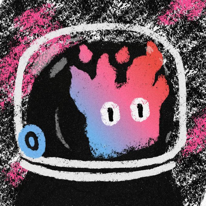 An astronaut helmet reflects a colorful, flame-like figure with two wide cartoon eyes, set against a grainy pink and black cosmic background. The "beep boop" caption plays on the image's robotic, retro digital aesthetic, likening the helmeted figure to a quirky little robot or AI.