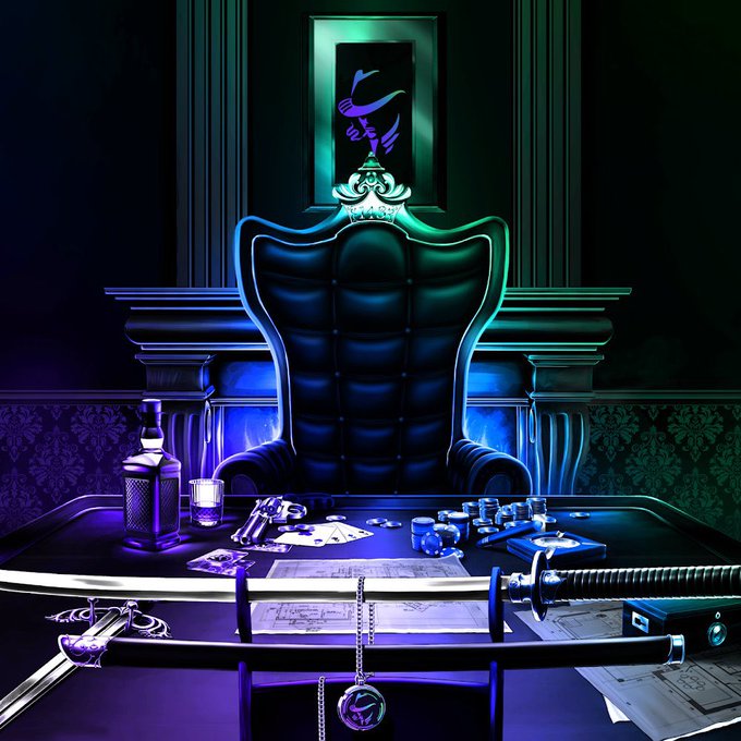 A moody, neon-lit digital illustration of an ornate high-backed chair behind a desk scattered with papers, dice, a gun, and a sword, set in a dark green and purple room.