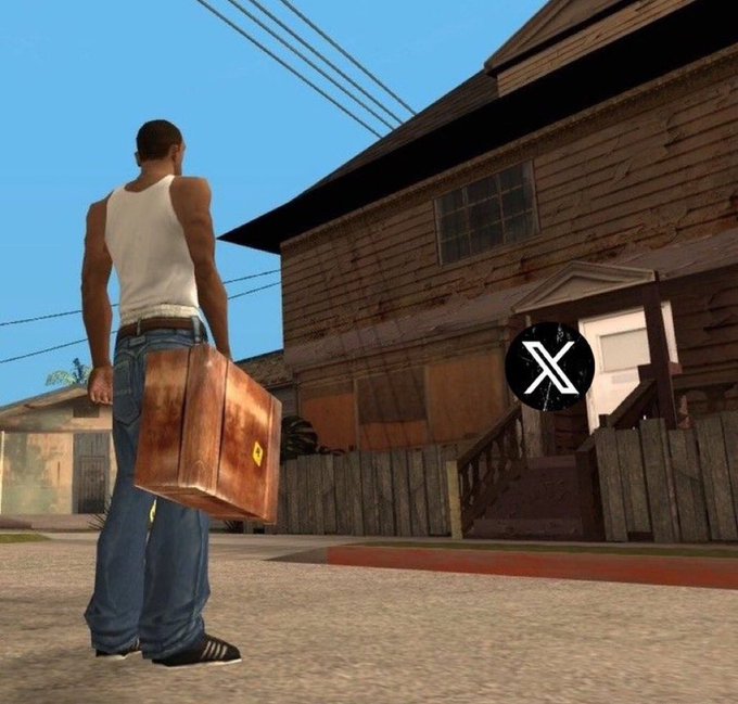 A GTA San Andreas screenshot of CJ holding a briefcase outside a wooden house, with an X (Twitter) logo overlaid.