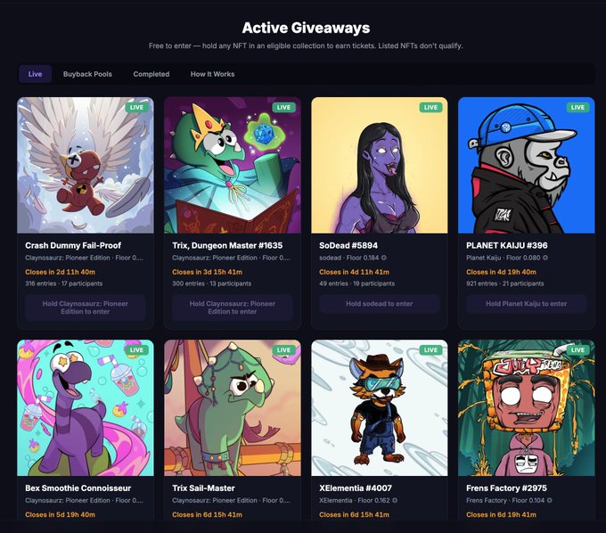 A webpage titled 'Active Giveaways' showing NFT collections including Crash Dummy Fall-Proof, Trix Dungeon Master #1635, SoDead #5894, and PLANET KAIJU #396 with countdown timers.