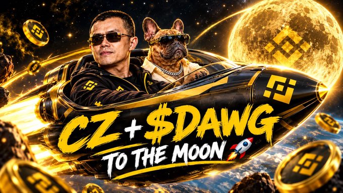 A promotional graphic shows a man and a French bulldog in sunglasses riding a rocket through space with Binance logos, captioned 'CZ + $DAWG TO THE MOON'.