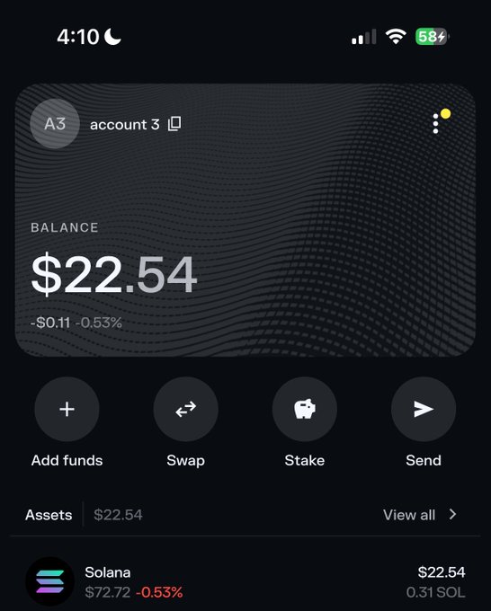 The image shows a Phantom wallet screenshot displaying "account 3" with a balance of $22.54, consisting of 0.31 Solana (SOL) currently valued at $72.72. This appears to be someone's wallet screenshot posted as "proof" to enter a 24-hour Solana giveaway requiring likes, retweets, and follows.