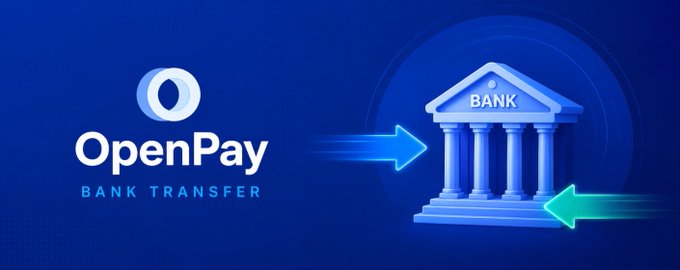 The image displays a promotional banner for "OpenPay Bank Transfer," featuring the OpenPay logo on the left alongside a blue bank building icon with arrows indicating the transfer process. The visual reinforces the post's announcement by symbolically depicting the new direct bank transfer feature that OpenPay has added to its payment infrastructure.