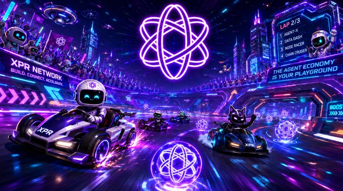 The image features a futuristic scene with three race cars, each carrying a robot driver wearing a helmet. The race car drivers are racing around a track filled with glowing purple lights, creating an immersive atmosphere for the game. In the background, there is a large neon sign that reads "XPR Network". This suggests that the game might be related to cryptocurrency or blockchain technology, as XPR Network is known for its involvement in these areas. The image also includes text that says "Focus on what is in the image and how it relates to the post", which implies that the content of the image should be considered when interpreting the context of the post.