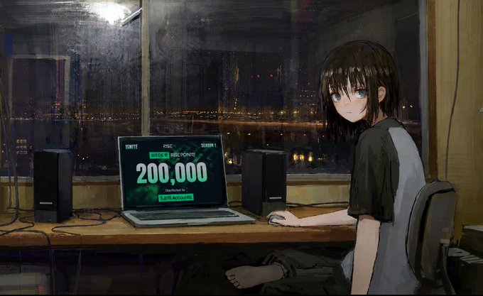 An anime-style illustration of a dark-haired girl sitting at a desk at night, with a laptop displaying "200,000" points and "IGNITE MISC POINTS" in the background of a rainy city window view.