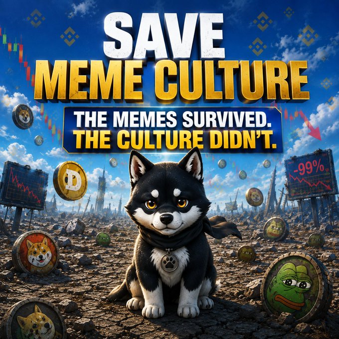 A promotional image with bold text 'SAVE MEME CULTURE - THE MEMES SURVIVED. THE CULTURE DIDN'T.' featuring a Shiba Inu dog in a post-apocalyptic landscape surrounded by Dogecoin and Pepe coins.