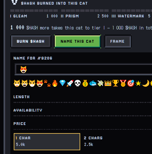 A website interface for naming a CryptoPunk cat NFT, showing burn tier options and name selection for #9206.