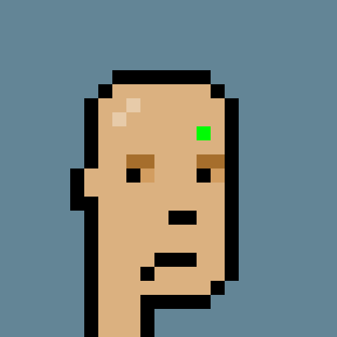 A pixel art portrait of a bald man's face with mismatched eyes against a blue background.