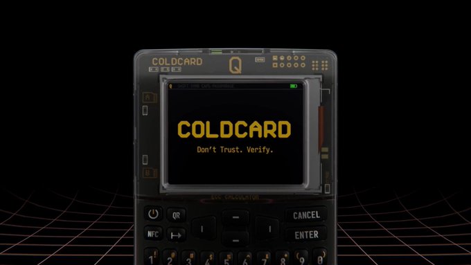 The image shows a Coldcard hardware wallet displaying the brand name "COLDCARD" along with its motto "Don't Trust. Verify." on its screen, surrounded by its physical keypad interface. This directly relates to the news of a critical firmware bug in the Coldcard wallet that resulted in the theft of approximately 594 Bitcoin worth around $40 million.