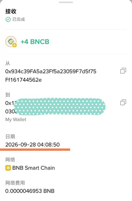 A cryptocurrency transaction receipt in Chinese showing a completed receipt of '+4 BNCB' from address '0x934c39FA5a23Ff5a23059F7d5f75Ff161744562e' to a partially hidden wallet address on 'BNB Smart Chain', dated 2026-09-28 04:08:50 with a network fee of 0.0000046953 BNB.