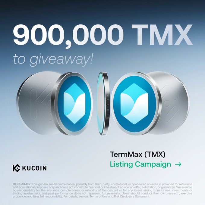 The KuCoin promotional image announces "900,000 TMX to giveaway!" alongside the term max (TMX) listing campaign, featuring stylized 3D renderings of the project's silver and blue logo medallions against a gradient background. This visual directly supports the campaign's $TMX listing events, highlighting the total prize pool split between the GemSlot Carnival (750,000 TMX) and Learn & Earn (150,000 TMX) activities.