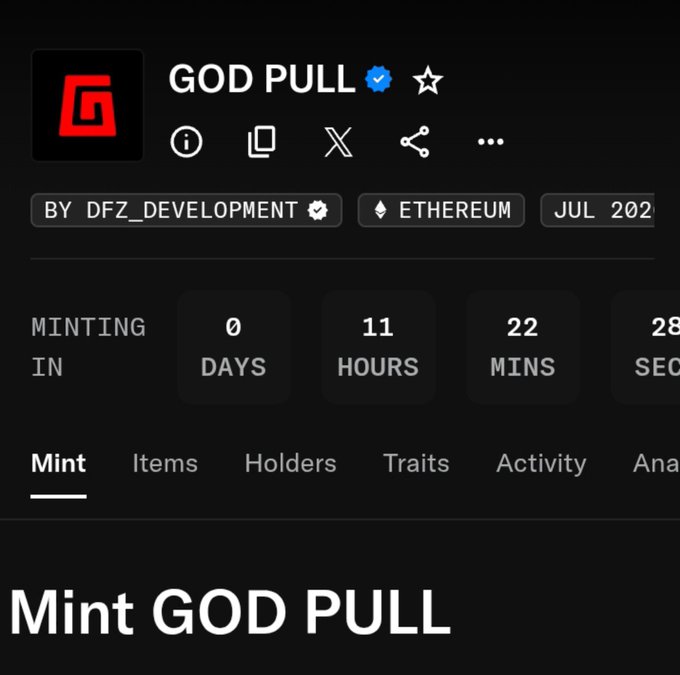 A dark-themed webpage or app interface displays an upcoming mint for 'GOD PULL' by 'DFZ_DEVELOPMENT' on Ethereum, with a countdown timer showing 0 days, 11 hours, 22 minutes.