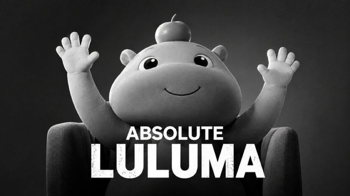 A black-and-white 3D illustration of a cute cartoon hippo character with an apple on its head, raising both arms, with the text 'ABSOLUTE LULUMA' displayed prominently.