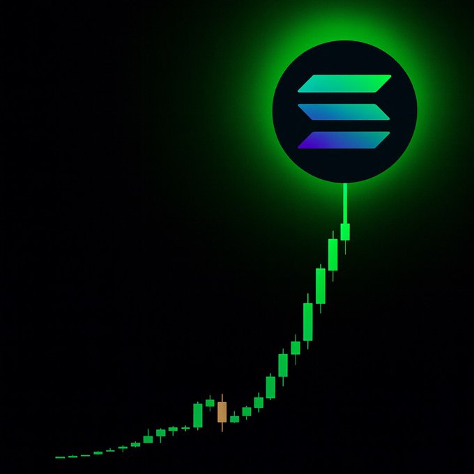 The image features a green circle with a blue "S" inside, which appears to be glowing against a black background. This glowing circle is positioned above a line of green bars that extend upwards from the bottom left corner towards the top right corner of the image. The bars are arranged in a zigzag pattern and appear to be growing taller as they ascend. The text "massive week for solana" is written below the image, likely indicating some sort of cryptocurrency-related event or development.
