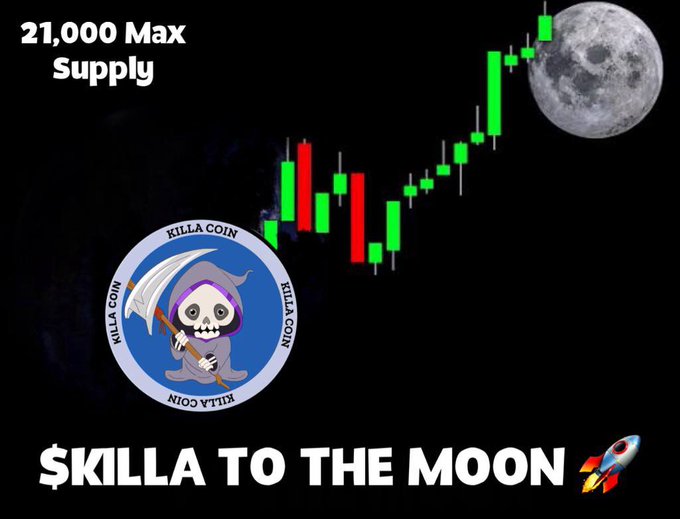Promotional graphic for "KILLA COIN" cryptocurrency featuring a grim reaper mascot, a candlestick chart trending upward toward a moon, text reading "21,000 Max Supply" and "$KILLA TO THE MOON," and a rocket ship illustration.