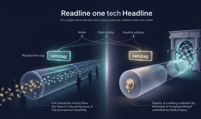 A dark blue infographic titled 'Readline one tech Headline' with the subtitle 'A single name identity and routing address unified under one name', illustrating cryptocurrency concepts with diagrams labeled 'nametag', 'Wallet', 'Chat identity', and 'Routing address'.