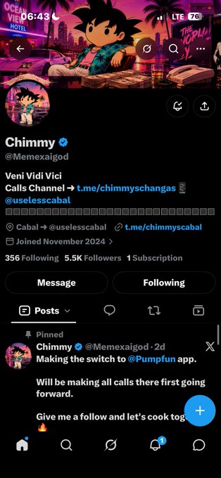 A Twitter/X profile page for "Chimmy @Memexaigod" with anime-style graphics, showing '356 Following', '5.5K Followers', and a pinned post about switching calls to the Pumpfun app.