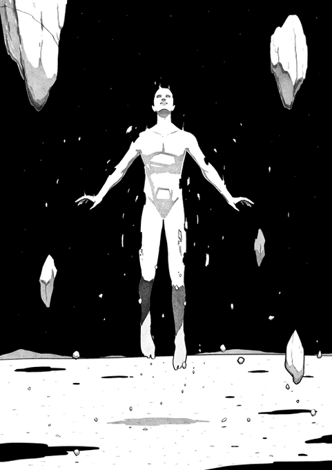 A black and white illustration of a man in a superhero costume levitating above the ground with arms outstretched, surrounded by floating crystals against a dark starry background.