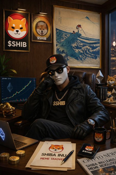 The image depicts a stylish man seated at a desk in a wood-paneled office, wearing a black cap, sunglasses, black gloves, and a black hoodie featuring a Shiba Inu logo with the text "$SHIB." He sits before a laptop displaying an Ethereum chart and a gold Shiba Inu figurine, with another laptop, a coffee mug, a gold chain, and coins on the desk. The walls display "$SHIB" branded artwork, a Shiba Inu portrait, and Hokusai's "The Great Wave off Kanagawa," while papers on the desk read "SHIBA INU" and "MEME TAKEOVER," alongside a newspaper showing "CRYPTO NEWS: SHIB INU LEDGE... MEME REVOLU..." — capturing the enthusiastic, bullish $SHIB investor culture described in the accompanying post.