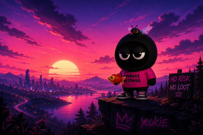 An AI-generated digital artwork showing a round black character with a bee on its head, wearing a pink "Protect the Chest" shirt and holding a piggy bank, standing on a cliff overlooking a neon city at sunset with a sign reading "NO RISK NO LOOT".