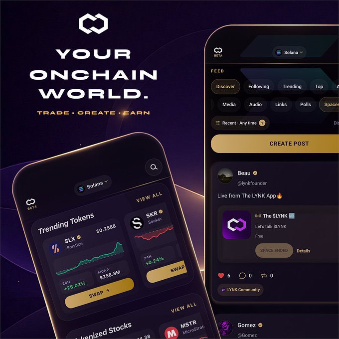 A promotional graphic for the BETA platform featuring the text 'YOUR ONCHAIN WORLD. TRADE • CREATE • EARN', showing smartphone mockups of the app's interface displaying trending tokens like SLX, SKR, and MSTR on the Solana network.
