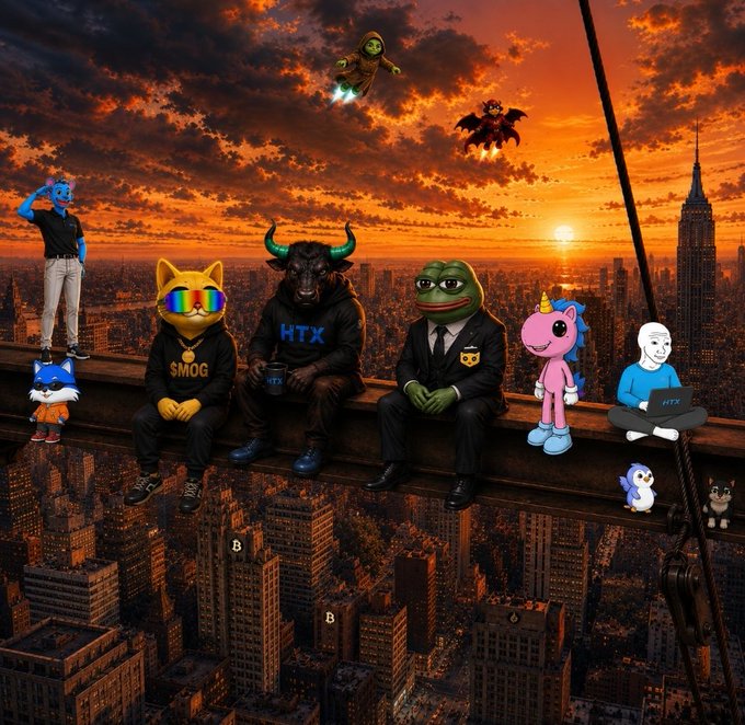 A 'Lunch atop a Skyscraper' parody featuring various crypto mascots including Smog, HTX (bull), Pepe, Unicorn, Wojak, and others sitting on a steel beam above a city skyline at sunset.