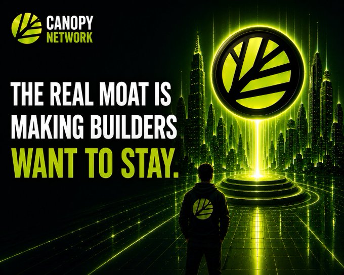 A promotional graphic for 'Canopy Network' featuring a glowing green logo and a person facing a futuristic cityscape, with the tagline 'THE REAL MOAT IS MAKING BUILDERS WANT TO STAY.'