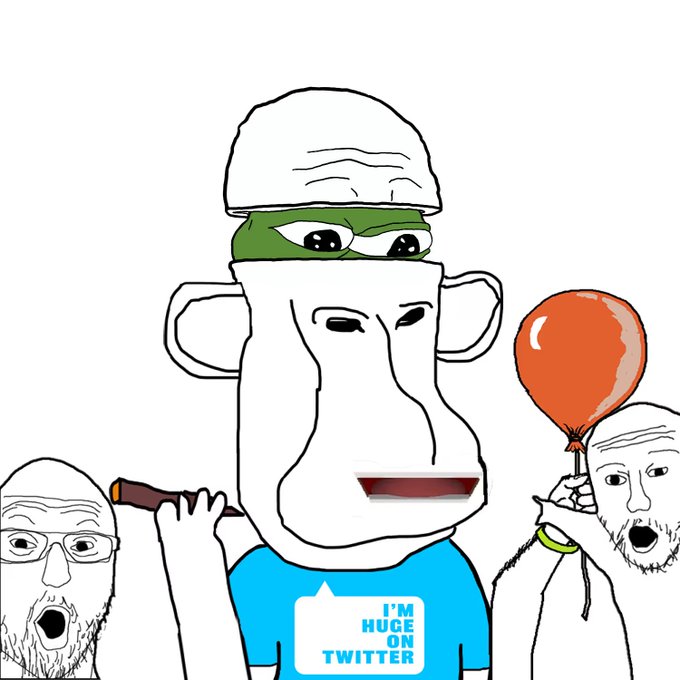 A Pepe-style character wearing a cap holds a gun, while two wojak figures beside him appear shocked, one holding a red balloon and the other wearing a thumbs-up sign reading "I'M HUGE ON TWITTER" — used as a meme reaction to mock the NFT buyer frenzy described in the post.