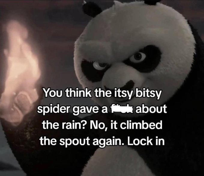 A motivational meme featuring Kung Fu Panda holding a flame with the text: 'You think the itsy bitsy spider gave a f*** about the rain? No, it climbed the spout again. Lock in.'