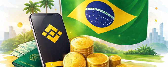 The image shows a smartphone displaying the Binance logo alongside stacks of Bitcoin coins, a Brazilian passport, and the Brazilian flag in the background, symbolizing the intersection of cryptocurrency and Brazil's regulatory environment. It visually represents Binance's recent decision to halt cross-border crypto transfers for Brazilian users starting November 1, requiring transfer purpose and counterparty details.