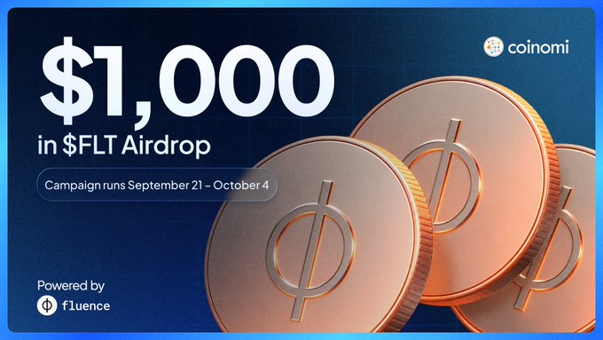 A promotional banner announces a "$1,000 in $FLT Airdrop" partnership between Coinomi and Fluence, running September 21 – October 4, featuring copper coins stamped with a slashed-circle symbol against a blue background.