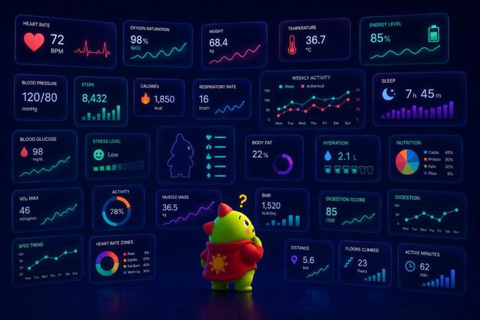 A health dashboard interface displaying various metrics including Heart Rate (72 BPM), Oxygen Saturation (98%), Weight (68.4 kg), Temperature (36.7°C), Energy Level (85%), Blood Pressure (120/80), Steps (8,432), and Calories (1,850 kcal), with a small green mascot character wearing a red sun shirt standing in the foreground.