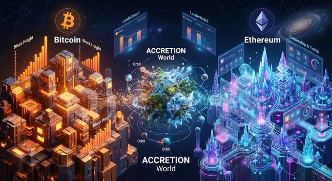 A vibrant 3D infographic comparing Bitcoin (orange cityscape) and Ethereum (purple crystalline city) in the 'ACCRETION World', featuring leaderboard charts and orbital diagrams.