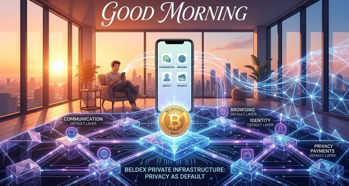 The image is a stylized digital illustration titled "GOOD MORNING" at the top, depicting a man relaxing in a modern high-rise apartment at sunrise while using his phone, which displays icons for Communication, Browsing, Identity, and Payments — surrounded by a glowing blockchain network centered on a "BELDEX (BDX)" coin. The scene visually reinforces the post's message about Beldex's vision of integrating privacy as a default layer across digital communication, browsing, identity, and payments, with the tagline "BELDEX PRIVATE INFRASTRUCTURE: PRIVACY AS DEFAULT" displayed at the bottom.