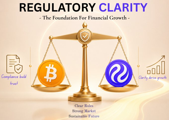 A promotional graphic titled 'REGULATORY CLARITY - The Foundation For Financial Growth' showing a balance scale weighing Bitcoin against another coin, with tags like 'Compliance build trust' and 'Clear Rules Strong Market Sustainable Future'.