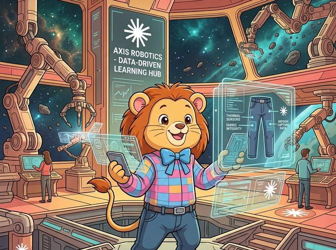 A cartoon lion mascot wearing a colorful sweater and bow tie stands in a futuristic robotics laboratory, with text on the screen reading 'AXIS ROBOTICS - DATA-DRIVEN LEARNING HUB'.
