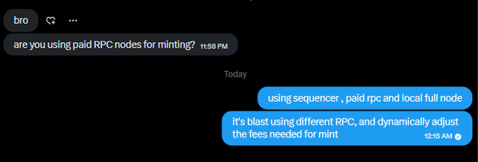 A direct message conversation where "bro" asks at 11:58 PM if paid RPC nodes are being used for minting, and the reply at 12:15 AM explains the use of a sequencer, paid RPC, and local full node, with dynamic gas fee adjustments across multiple RPCs. This illustrates the gas tier strategy mentioned in the accompanying post, where transactions with the same nonce are submitted at varying gas prices.