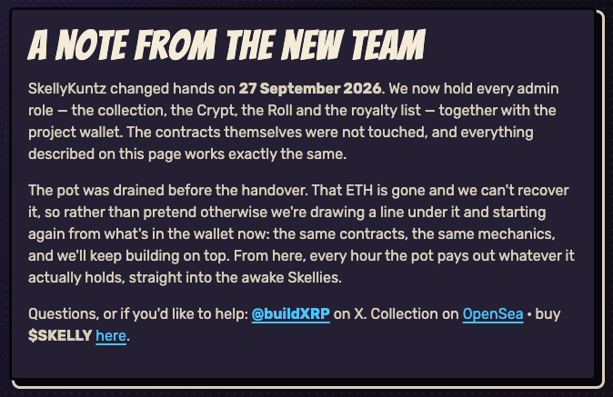 A dark notice titled 'A NOTE FROM THE NEW TEAM' dated 27 September 2026, explaining that the NFT collection SkellyKuntz changed ownership and the pot was drained.