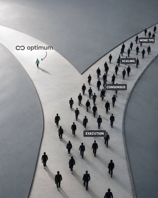 A conceptual illustration showing a lone figure labeled 'optimum' at a fork in the road, while a massive crowd takes a different path labeled with stages including Execution, Consensus, Scaling, and More TPS.