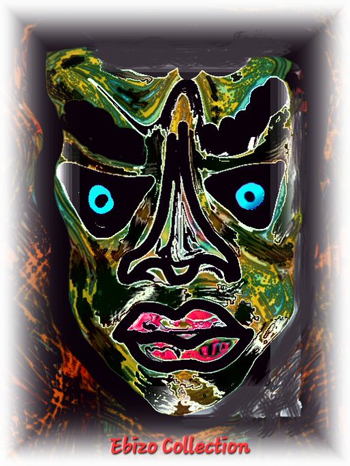 The image features a digital art piece of an abstract face with blue eyes, green skin tones, and black lines around the mouth area. The artwork has been created by the artist Ebizo Collection and is posted on their website. The text "Ebizo - Ebbio Collection" is visible in the image, indicating that this is the creator's name and the title of their work.